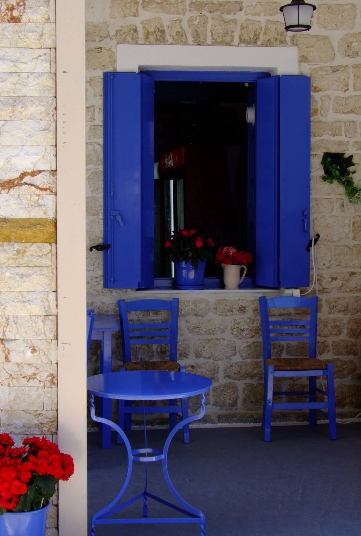 Blue  - Objects, Blue | Greece | Chair | Table | Shutter | Travel | Summer | Lefkada