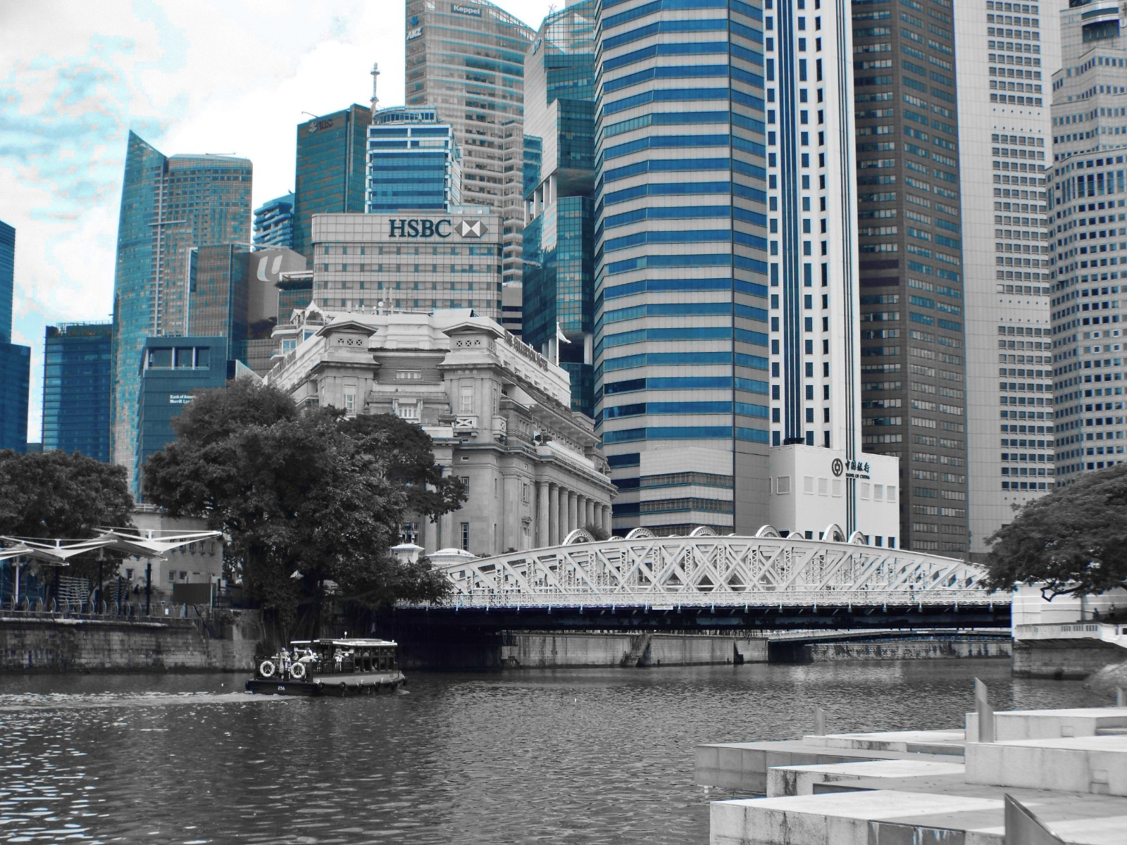 Architectural heritage overwhelmed, Singapore | Architecture | History | Building | River | Boats | Bridge | Blue | City | People | Stone