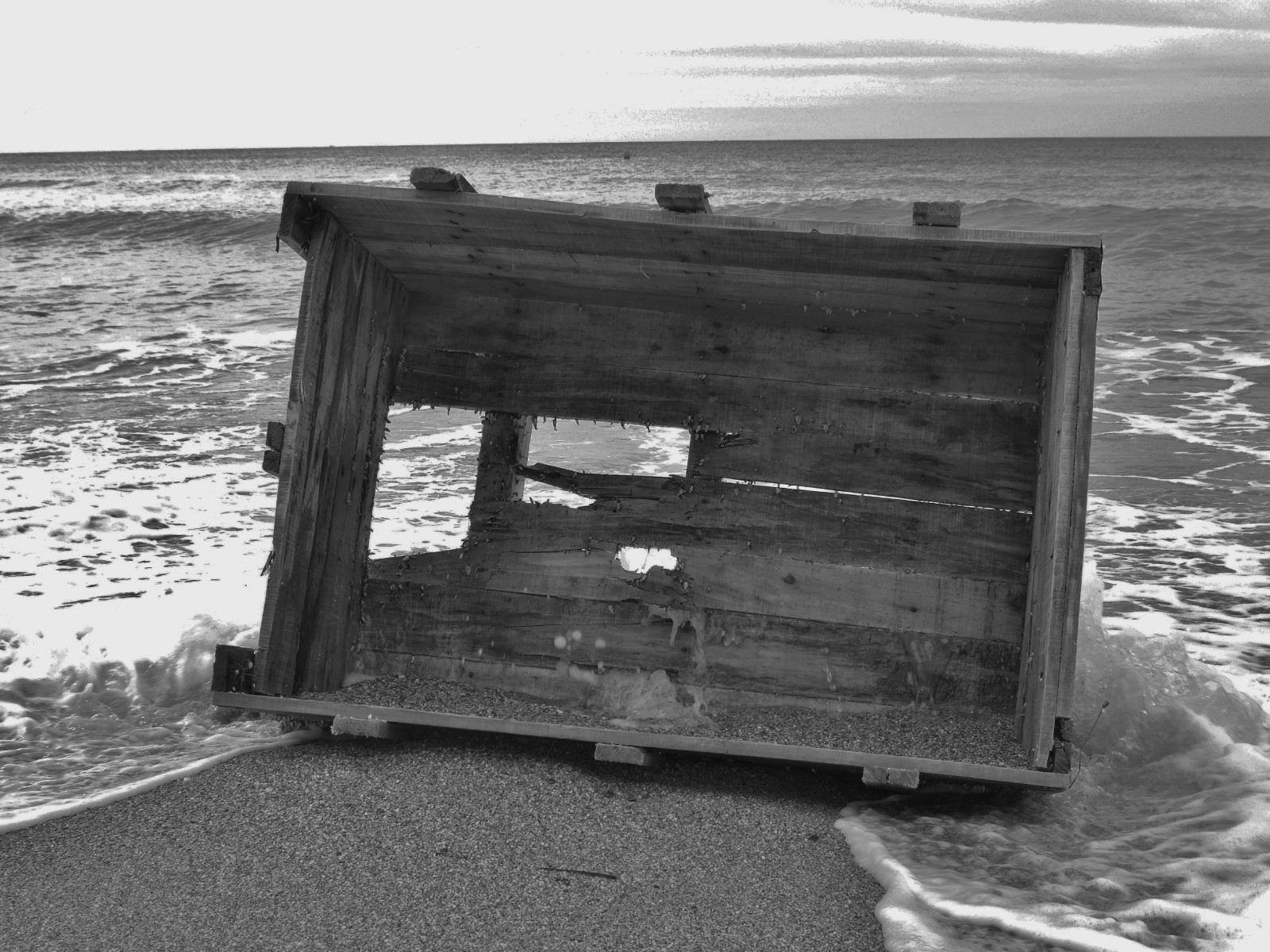 Shipwrecked crate, Wood | Sea | Ocean | Shipwreck | Ship | Surf | Beach | Sand | Water | Black | Black and White