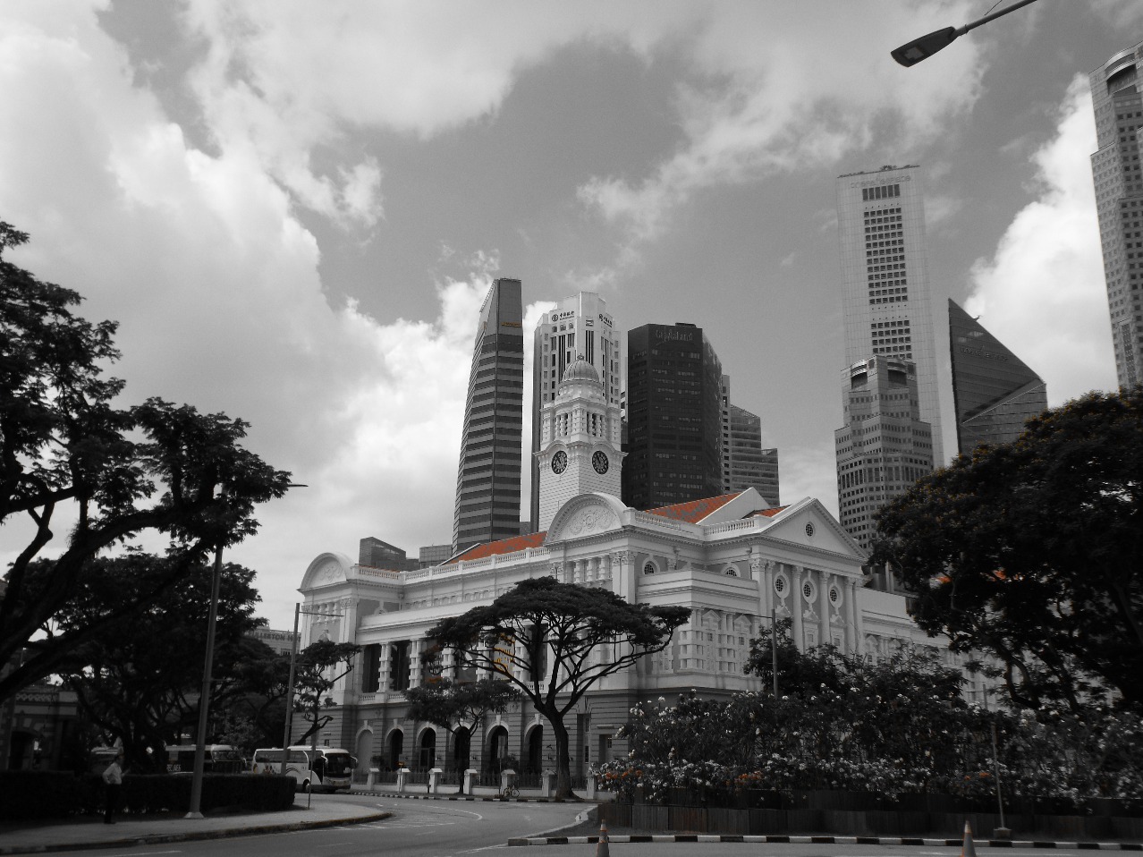 Swallowed, Building | Architecture | Stone | Glass | Cloud | Clock | City | Singapore | History | Black and White