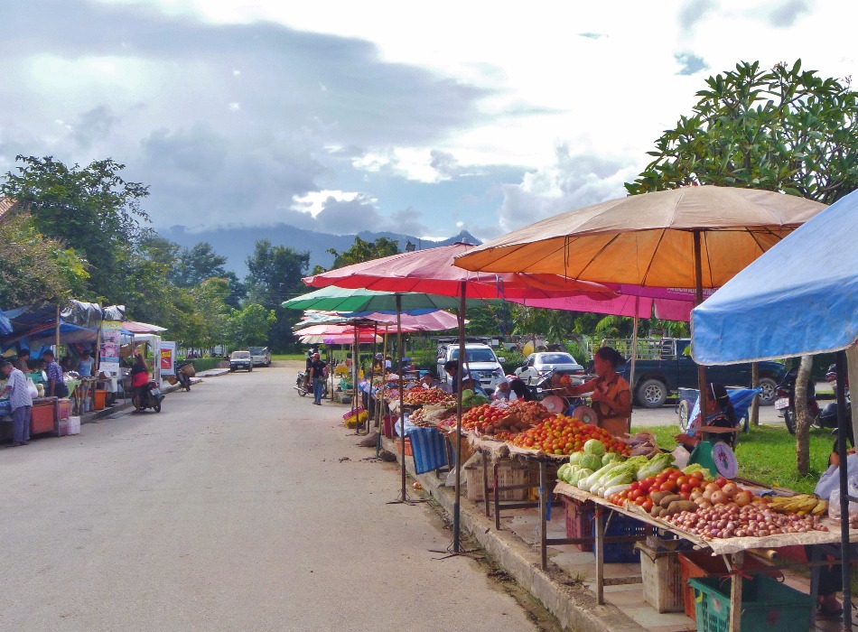 Market Day, Thailand | Market | People | Food | Vegetable | Fruit | Colour | Mountain | Sky | Cloud | Transport | Sunshade